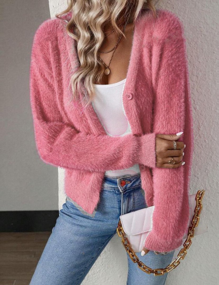Women's Fluffy V-Neck Button-Front Knit Cardigan - Back View | Lavisa