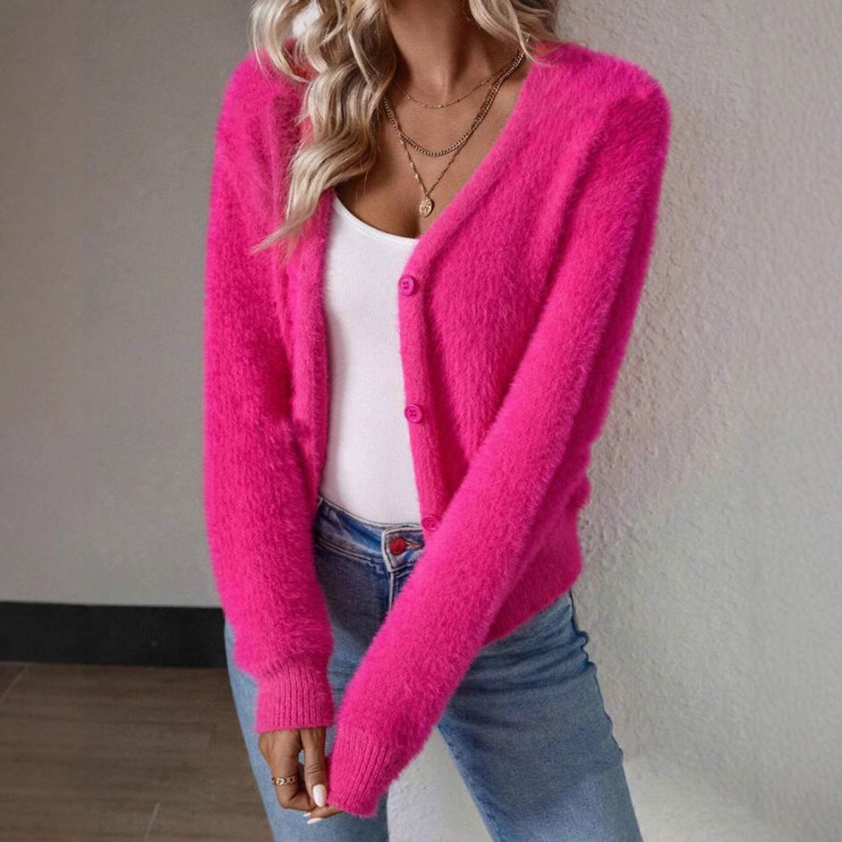 Women's Fluffy V-Neck Button-Front Knit Cardigan - Sole & Material View | Lavisa