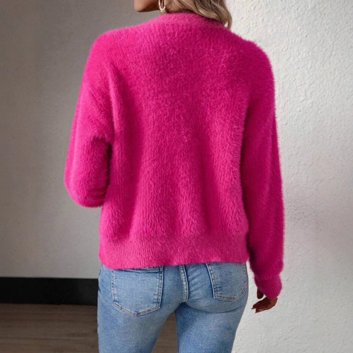 Women's Fluffy V-Neck Button-Front Knit Cardigan - Lifestyle & Model Angle | Lavisa