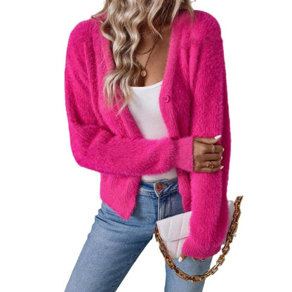 Women's Fluffy V-Neck Button-Front Knit Cardigan - Variant Angle | Lavisa