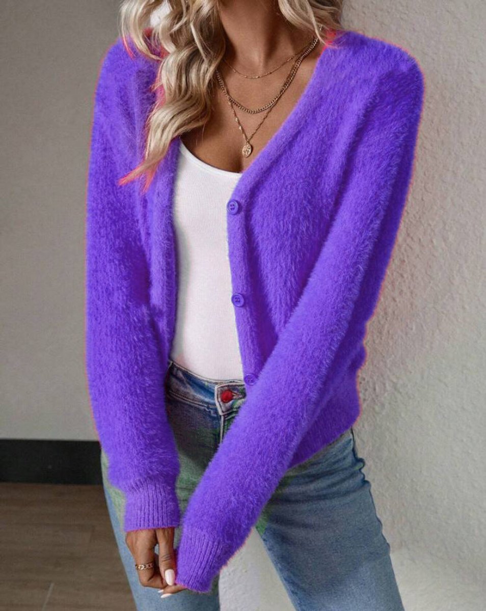 Women's Fluffy V-Neck Button-Front Knit Cardigan - Variant Style 9 | Lavisa