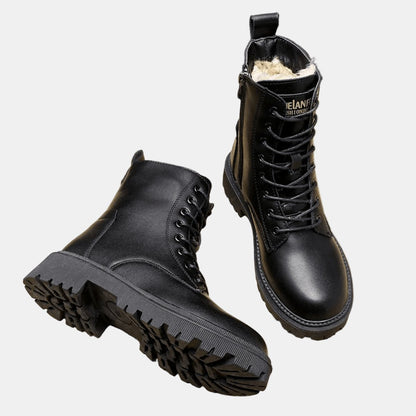 Womens Fur Lined Lace Up Leather Ankle Boots Winter Combat Shoes - Side Angle | Lavisa