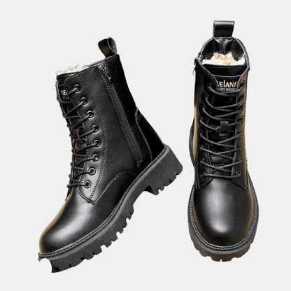 Womens Fur Lined Lace Up Leather Ankle Boots Winter Combat Shoes - Back View | Lavisa