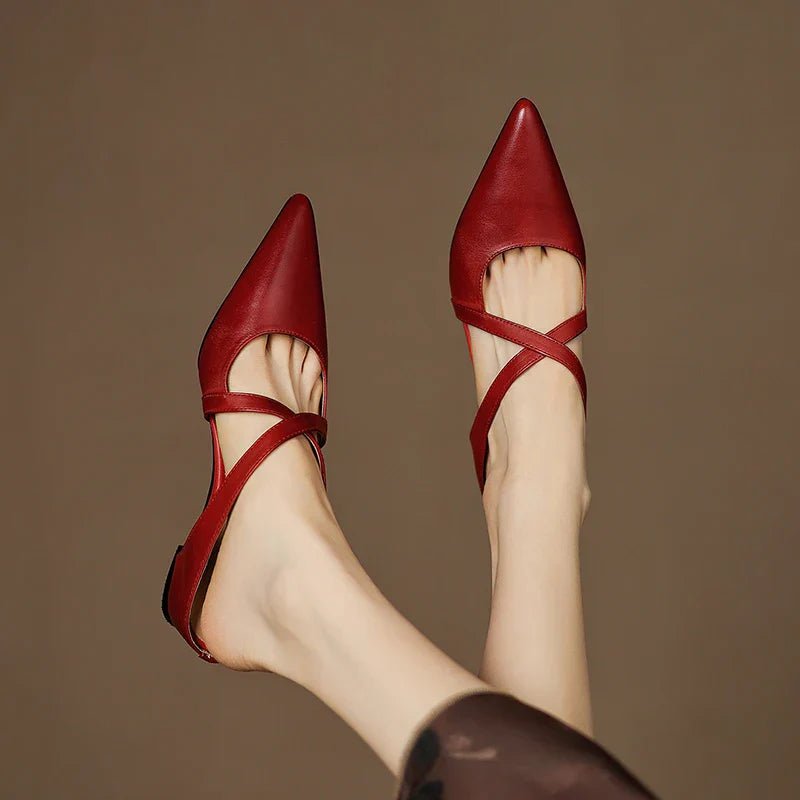 Women's Genuine Leather Cross-Strap Pointed-Toe Mules - Close-Up Texture & Detail | Lavisa