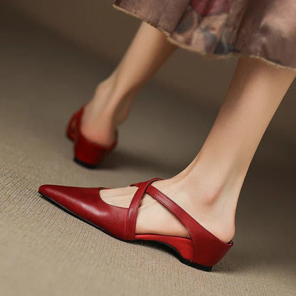 Women's Genuine Leather Cross-Strap Pointed-Toe Mules - Sole & Material View | Lavisa