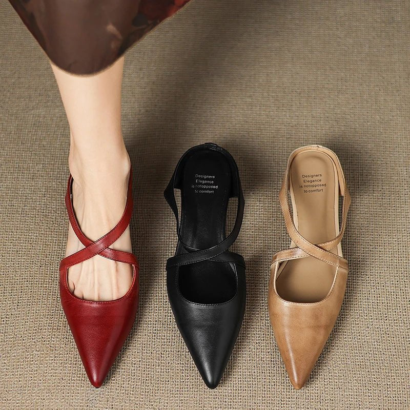 Women's Genuine Leather Cross-Strap Pointed-Toe Mules - Lifestyle & Model Angle | Lavisa