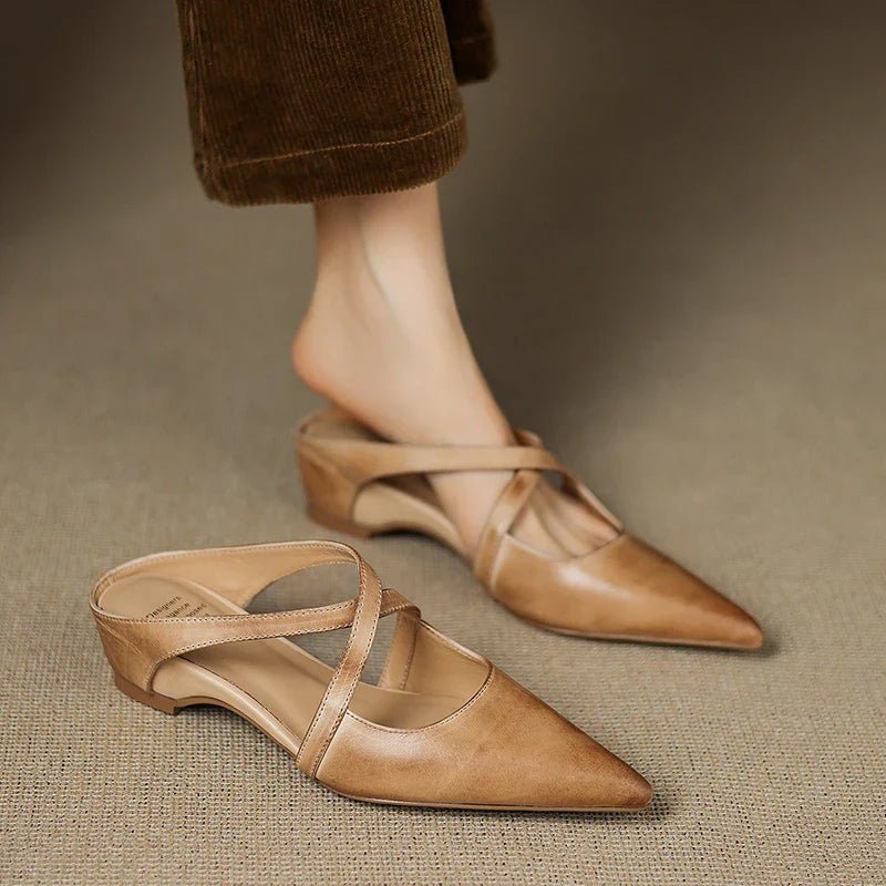 Women's Genuine Leather Cross-Strap Pointed-Toe Mules - Variant Angle | Lavisa