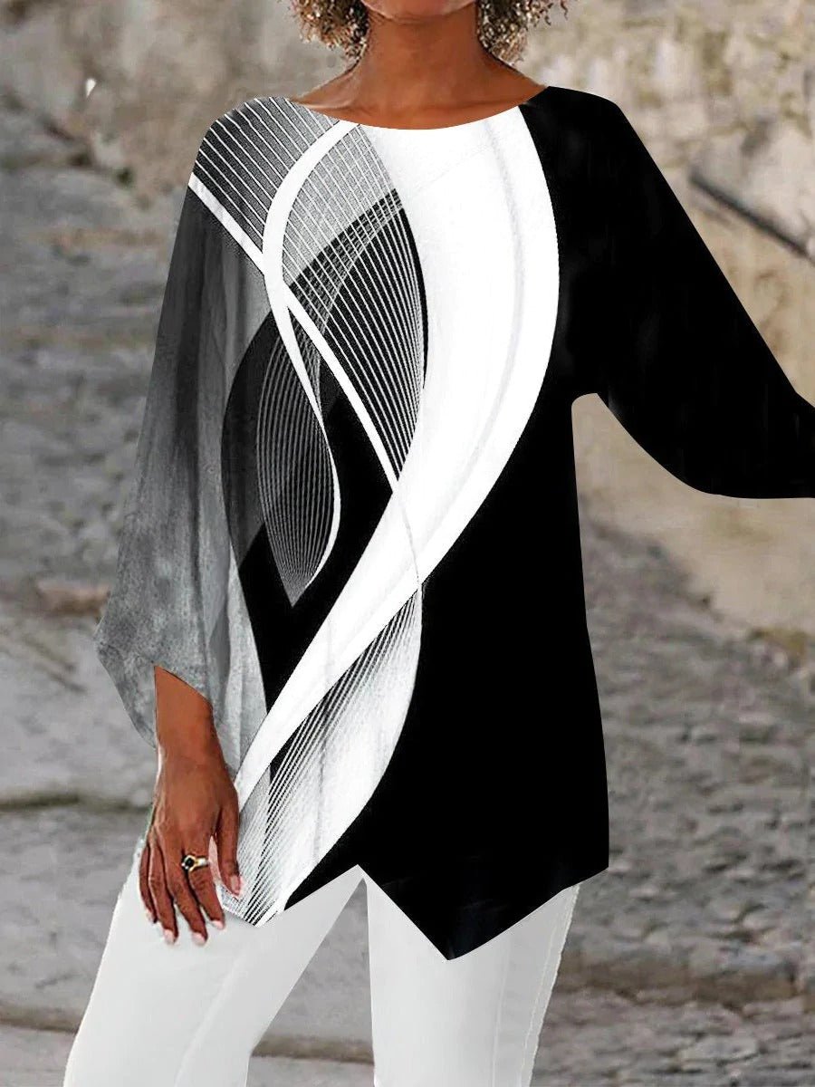 Women's Geometric Print Long Sleeve Asymmetric Tunic Top - Front View | Lavisa