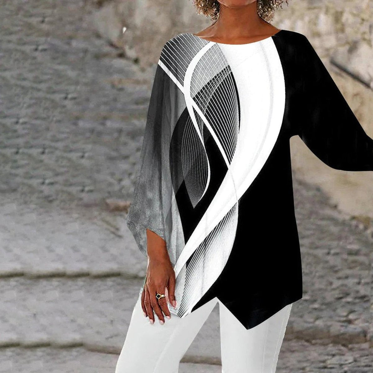 Women's Geometric Print Long Sleeve Asymmetric Tunic Top - Side Angle | Lavisa