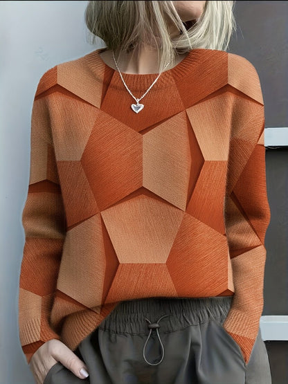 Women's Geometric Print Long Sleeve Knit Sweater Jumper - Front View | Lavisa