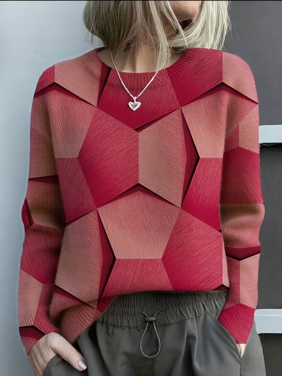 Women's Geometric Print Long Sleeve Knit Sweater Jumper - Back View | Lavisa
