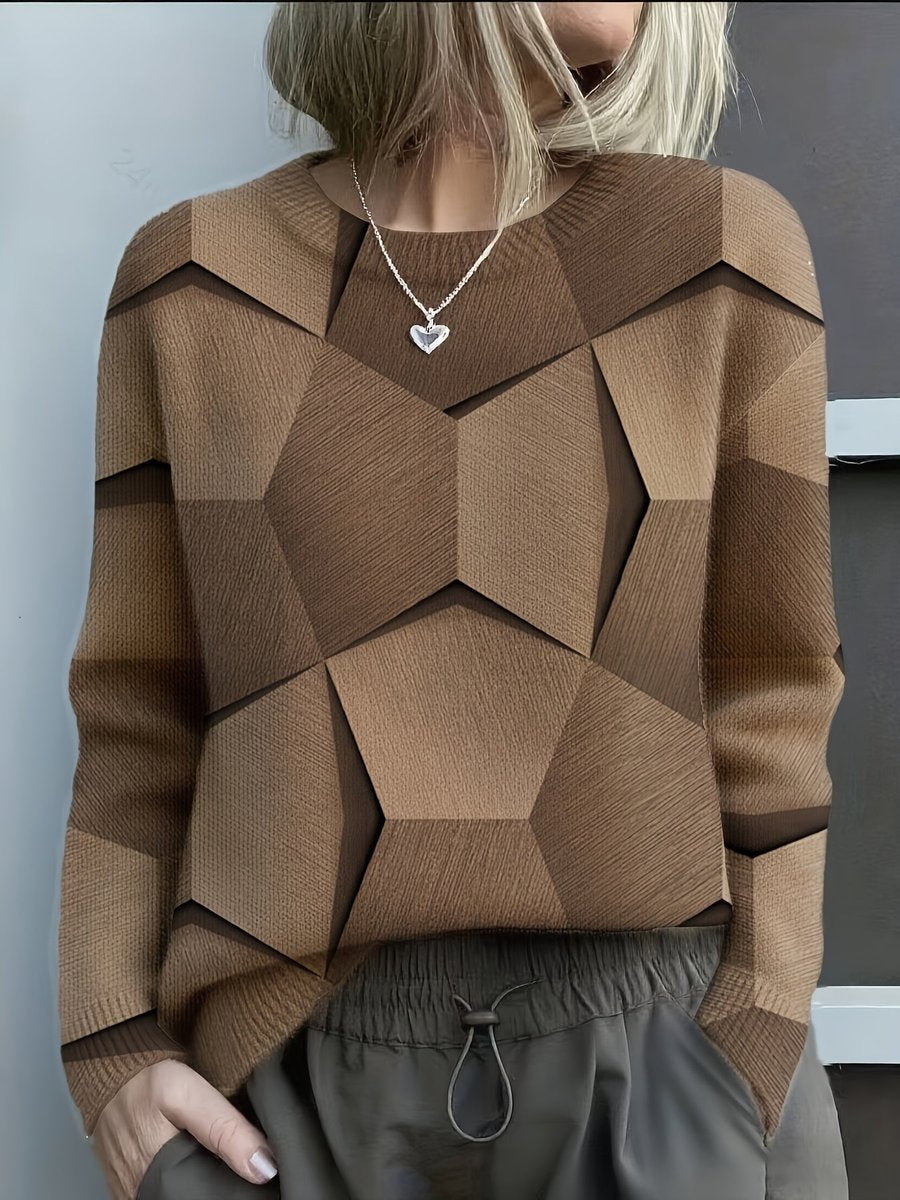 Women's Geometric Print Long Sleeve Knit Sweater Jumper - Close-Up Texture & Detail | Lavisa