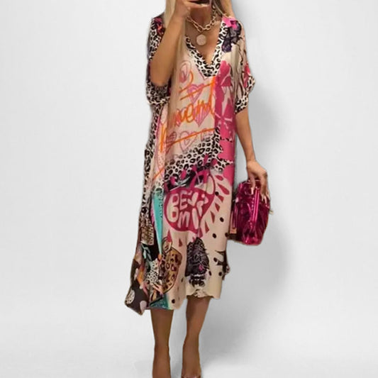 Lavisa - Women's Graphic Print V-Neck Swing Tunic Midi Dress