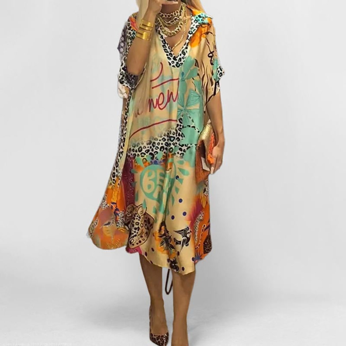 Women's Graphic Print V-Neck Swing Tunic Midi Dress - Side Angle | Lavisa