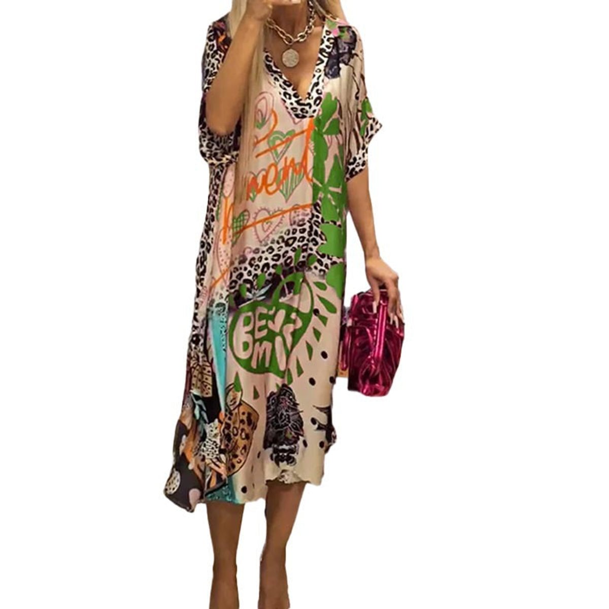 Women's Graphic Print V-Neck Swing Tunic Midi Dress - Close-Up Texture & Detail | Lavisa