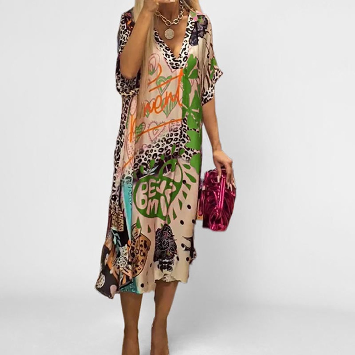 Women's Graphic Print V-Neck Swing Tunic Midi Dress - Sole & Material View | Lavisa