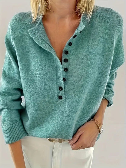 Lavisa - Women's Half-Button V-Neck Knit Sweater Relaxed Pullover Jumper