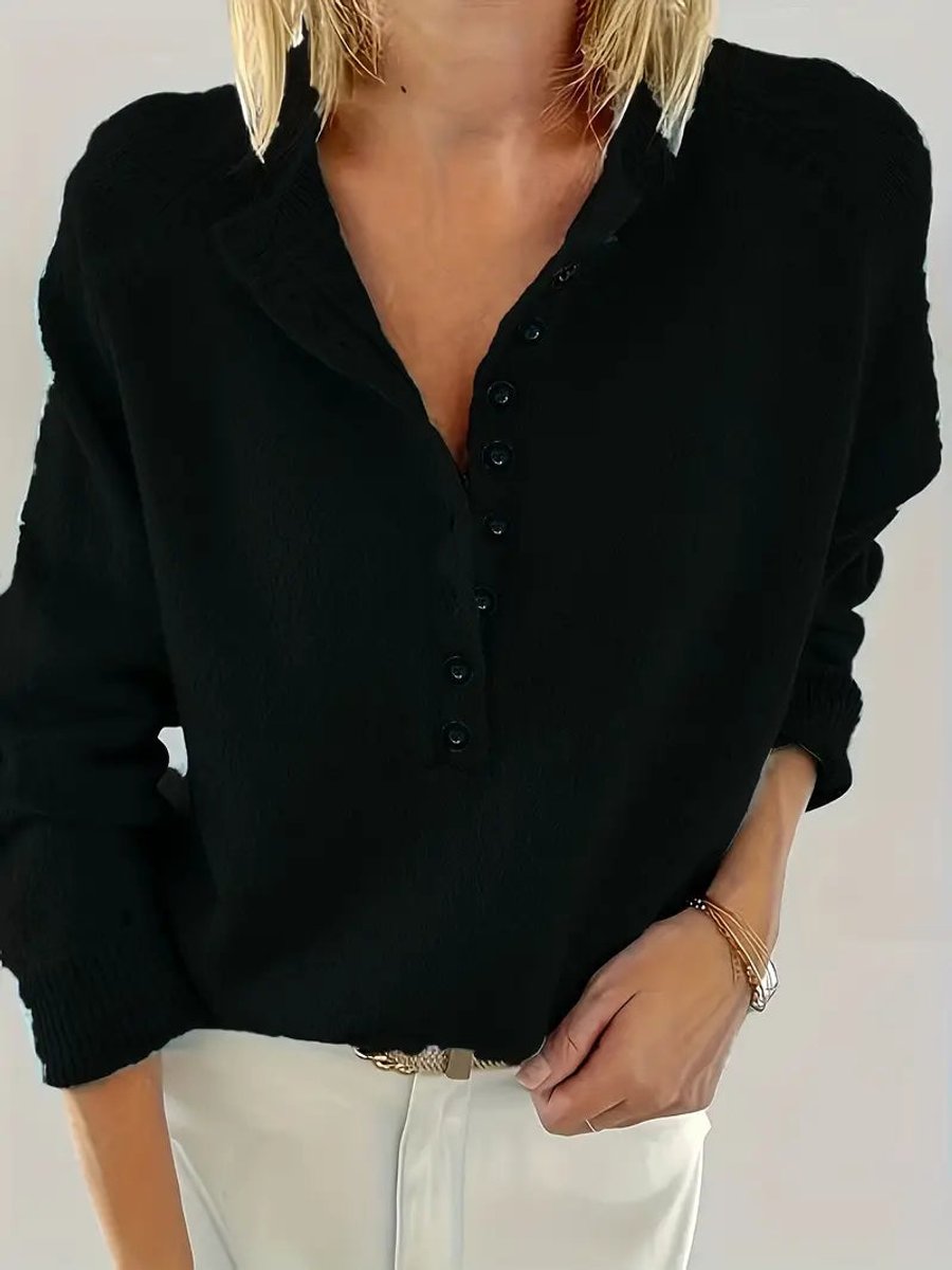 Lavisa - Women's Half-Button V-Neck Knit Sweater Relaxed Pullover Jumper