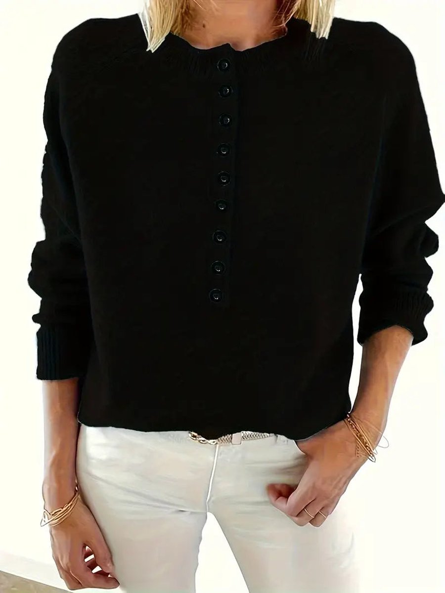 Lavisa - Women's Half-Button V-Neck Knit Sweater Relaxed Pullover Jumper