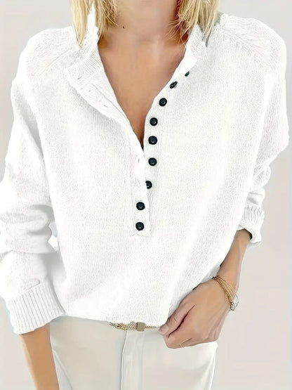 Lavisa - Women's Half-Button V-Neck Knit Sweater Relaxed Pullover Jumper
