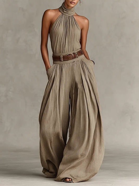 Lavisa - Women's Halter Neck Wide-Leg Cotton Blend Jumpsuit