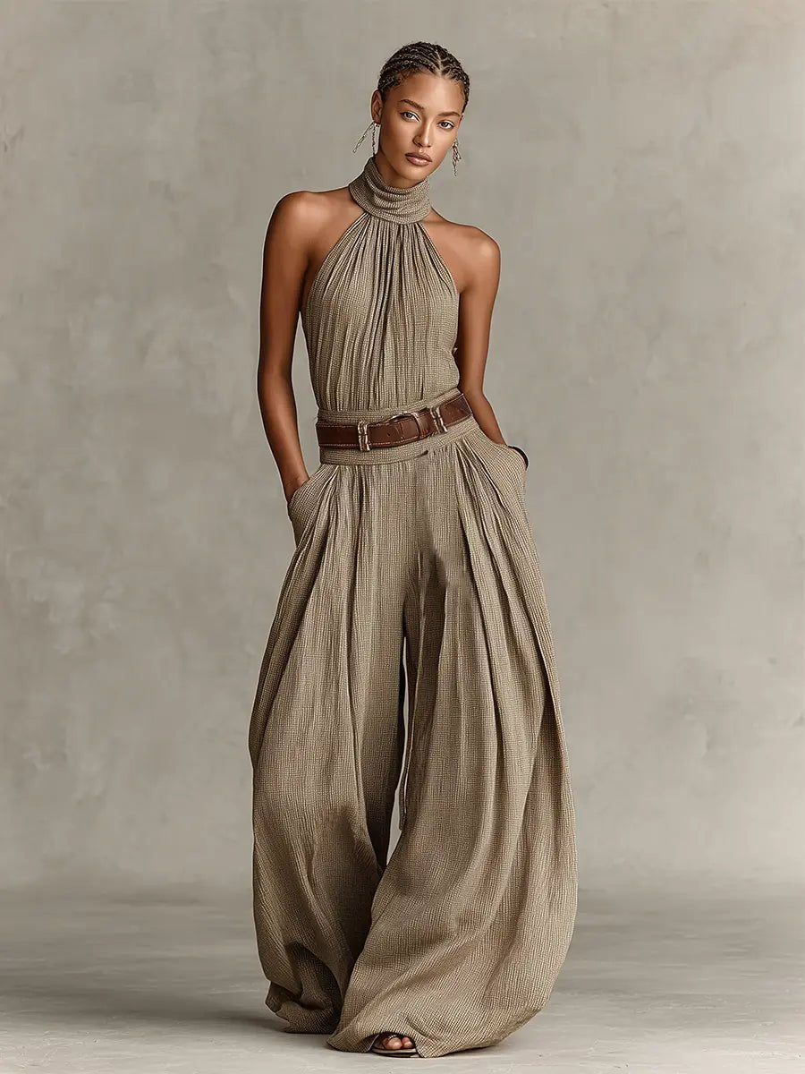 Women's Halter Neck Wide-Leg Cotton Blend Jumpsuit - Side Angle | Lavisa
