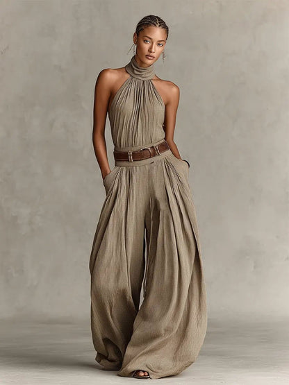 Women's Halter Neck Wide-Leg Cotton Blend Jumpsuit - Side Angle | Lavisa