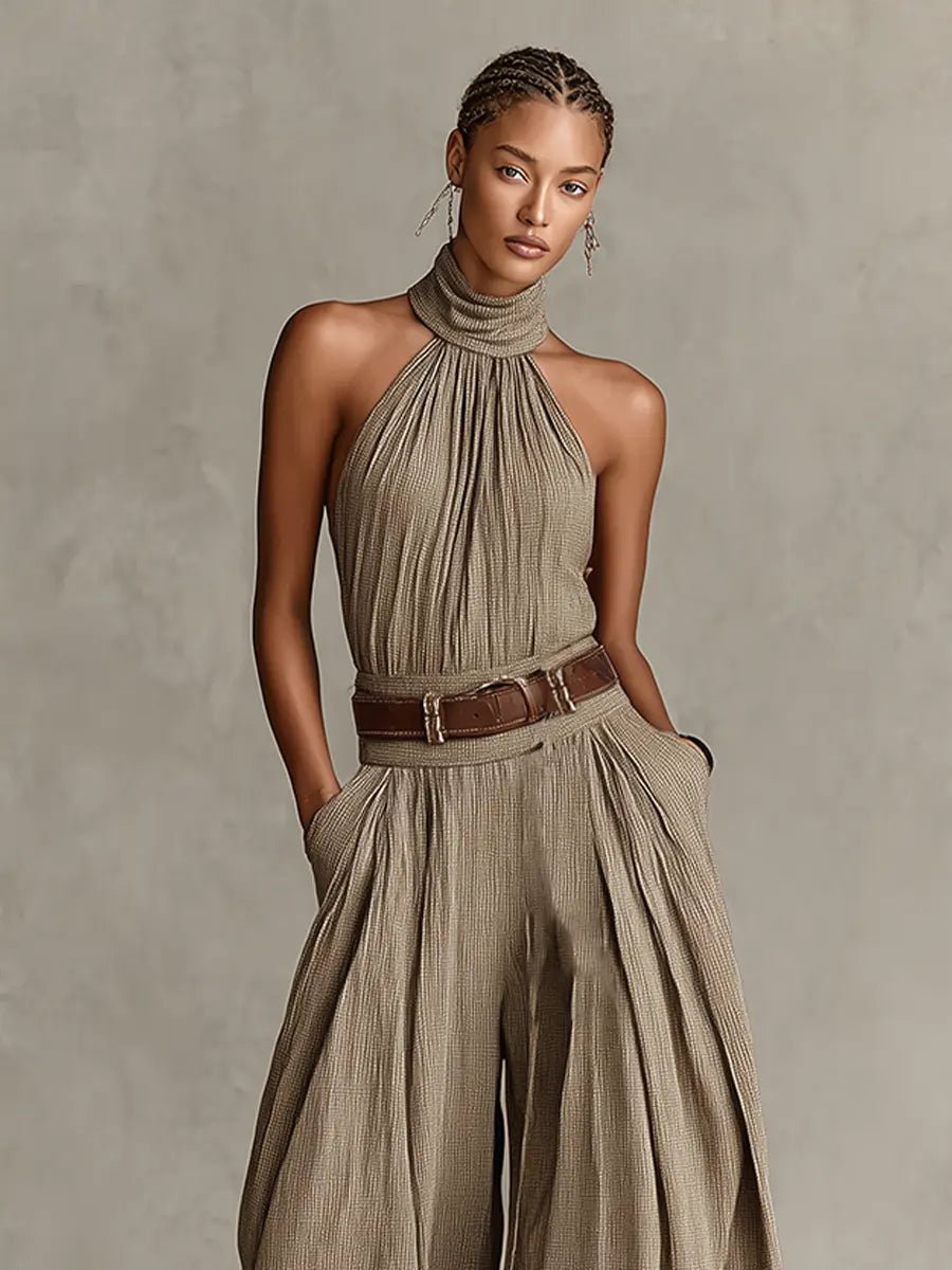 Women's Halter Neck Wide-Leg Cotton Blend Jumpsuit - Back View | Lavisa