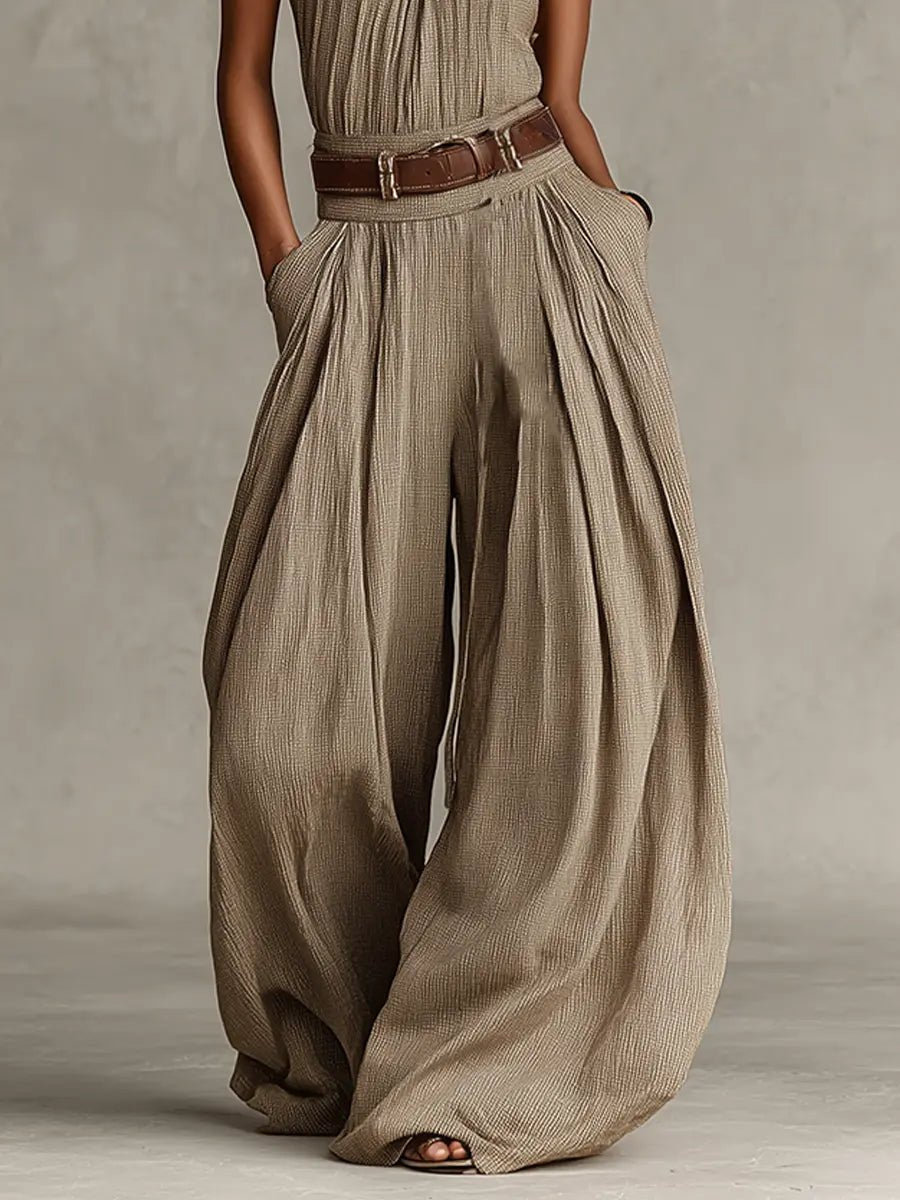 Women's Halter Neck Wide-Leg Cotton Blend Jumpsuit - Close-Up Texture & Detail | Lavisa