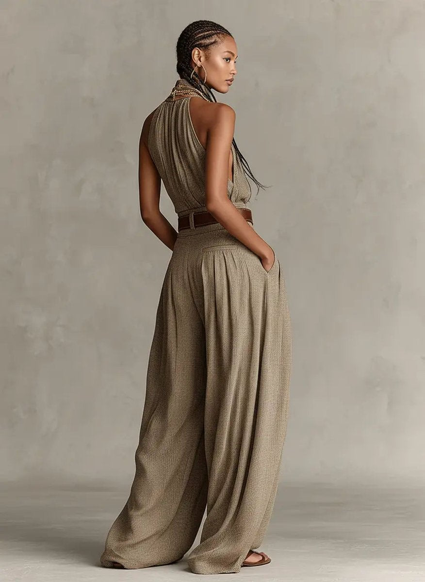 Women's Halter Neck Wide-Leg Cotton Blend Jumpsuit - Sole & Material View | Lavisa
