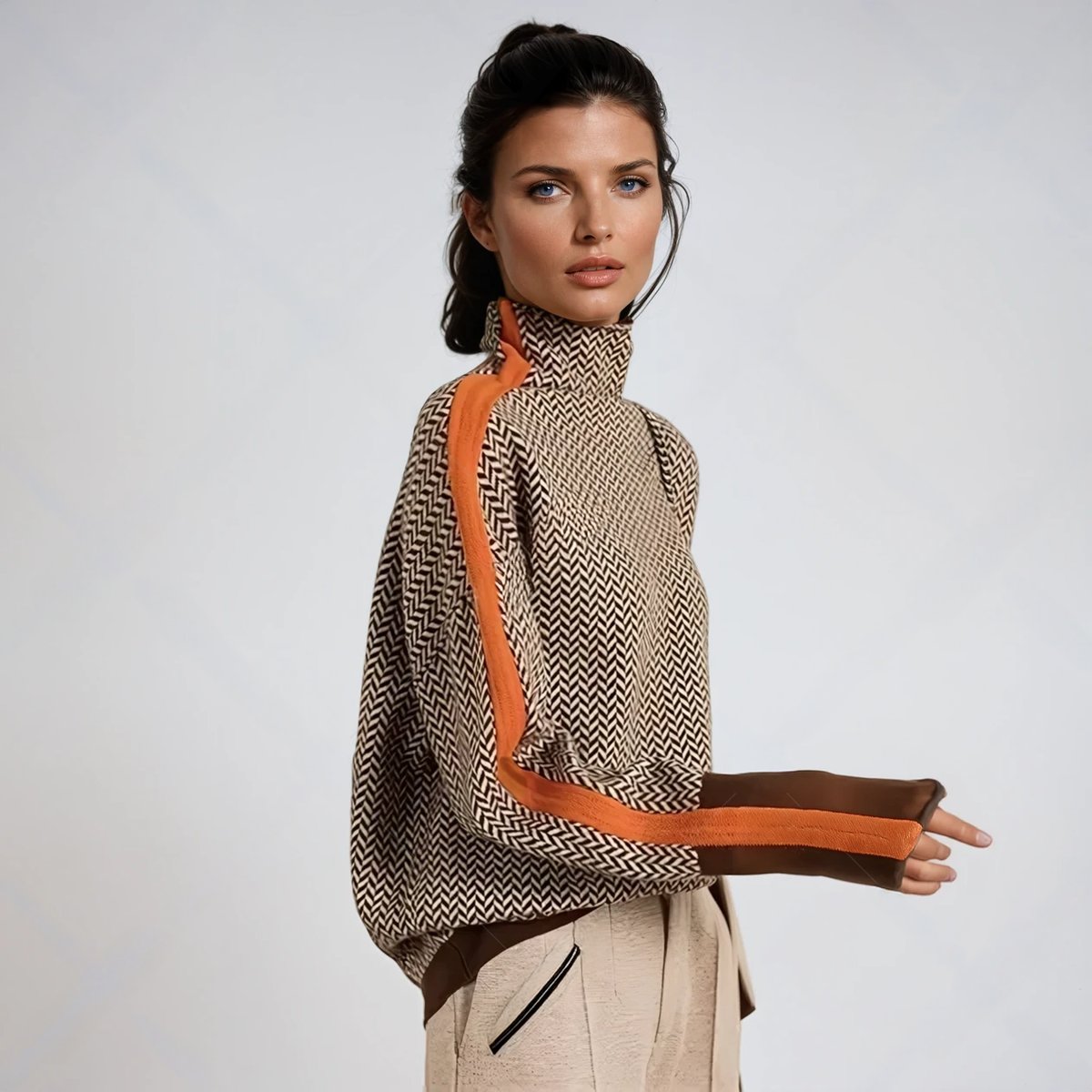 Women's Herringbone Oversized Turtleneck Sweater - Side Angle | Lavisa