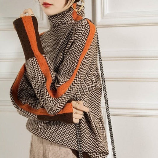 Lavisa - Women's Herringbone Oversized Turtleneck Sweater