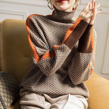 Women's Herringbone Oversized Turtleneck Sweater - Back View | Lavisa
