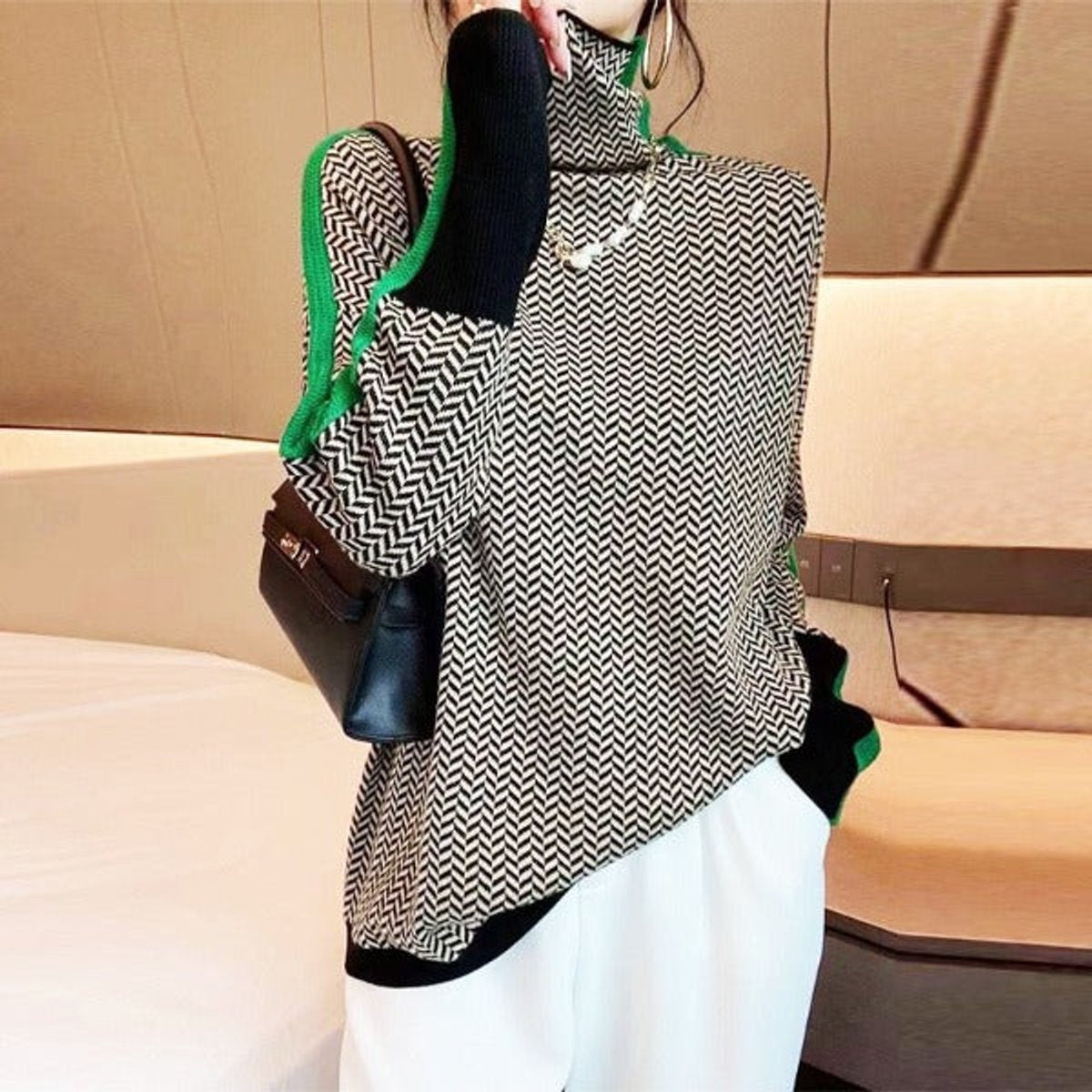 Women's Herringbone Oversized Turtleneck Sweater - Sole & Material View | Lavisa
