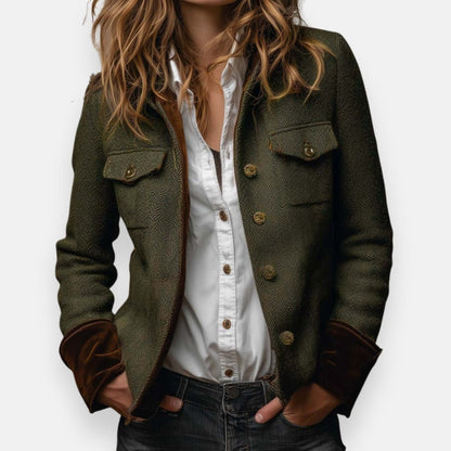 Women's Herringbone Structured Button-Front Jacket - Front View | Lavisa