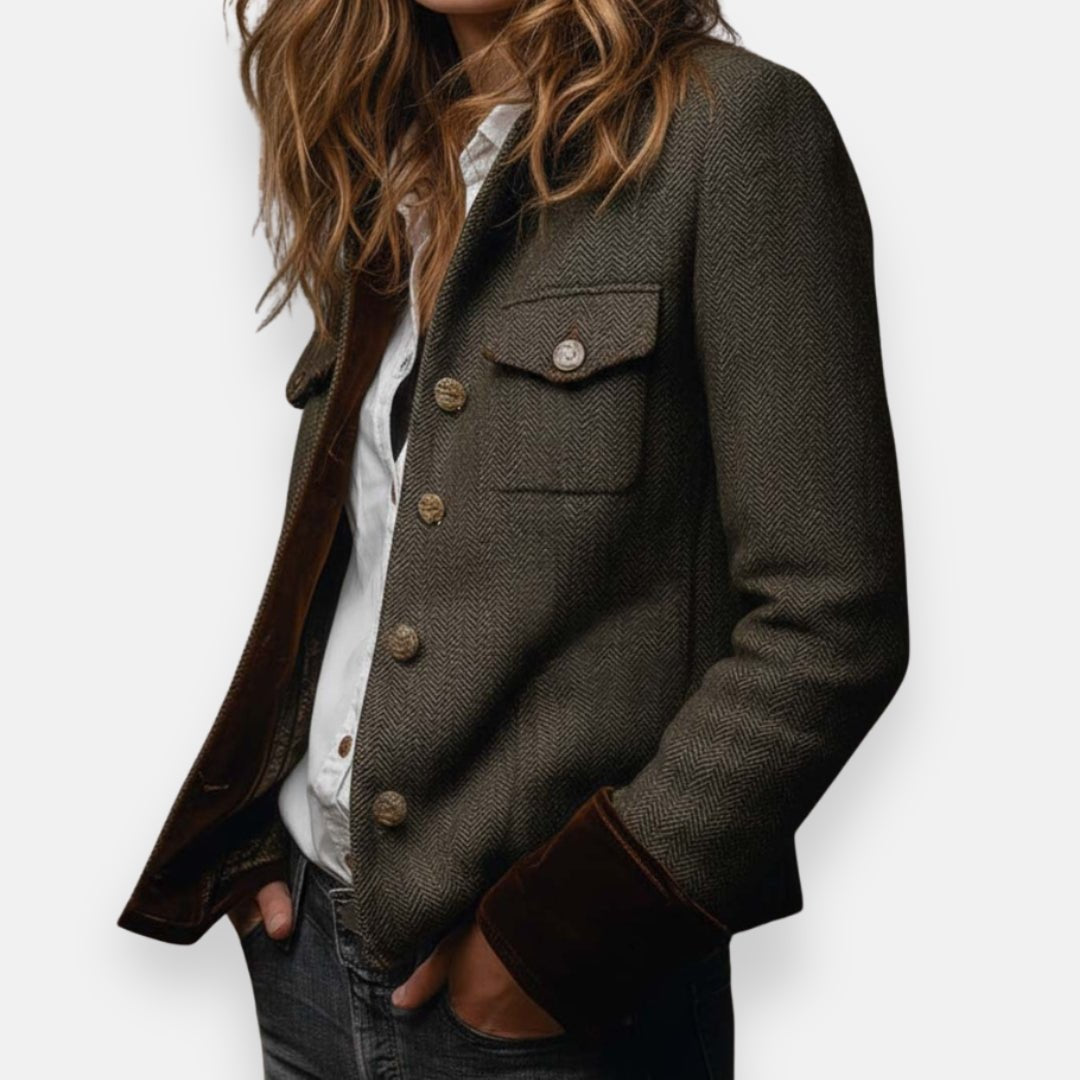 Women's Herringbone Structured Button-Front Jacket - Back View | Lavisa