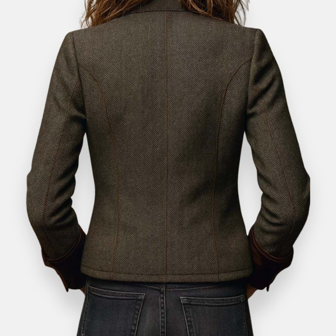 Women's Herringbone Structured Button-Front Jacket - Close-Up Texture & Detail | Lavisa