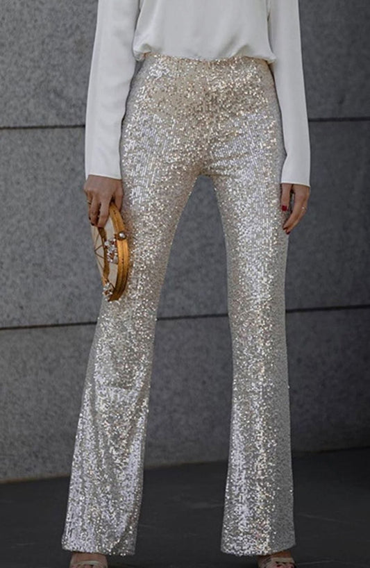Lavisa - Womens High Rise Flared Sequin Trousers