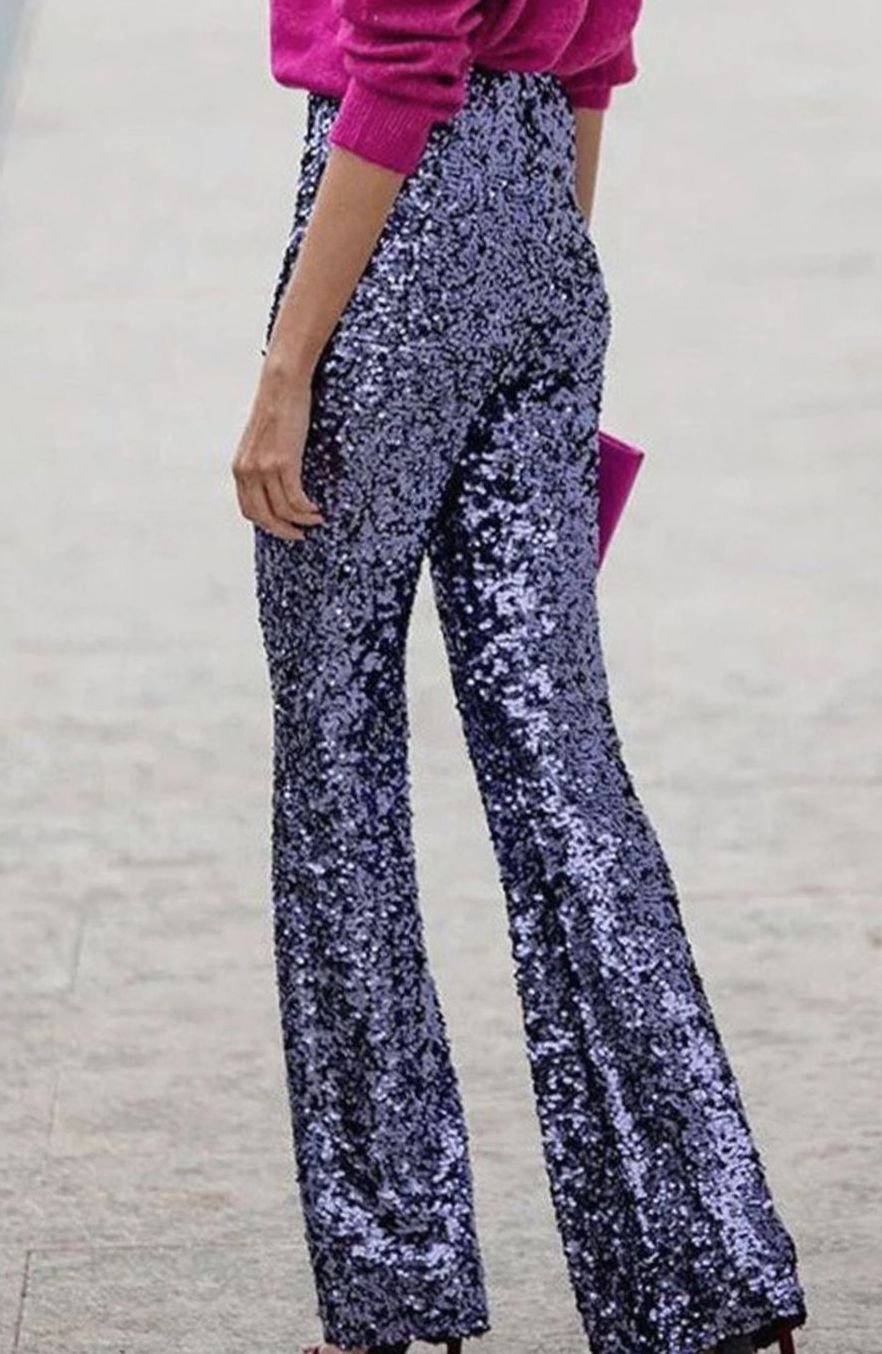 Lavisa - Womens High Rise Flared Sequin Trousers