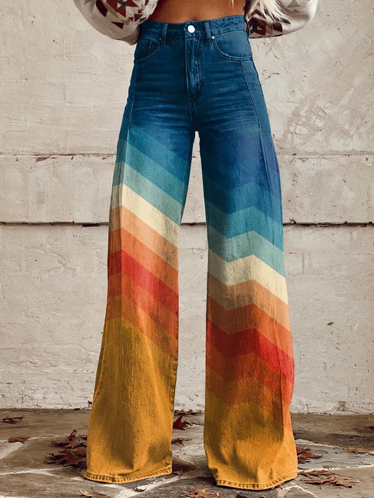 Lavisa - Women's High-Rise Wide-Leg Chevron Gradient Printed Trousers