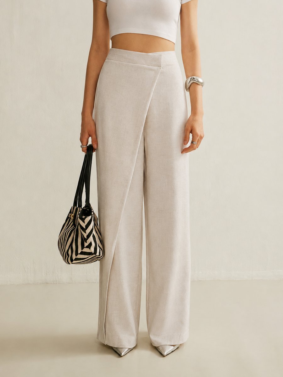 Women's High-Waist Asymmetric Wrap Wide Leg Trousers - Back View | Lavisa