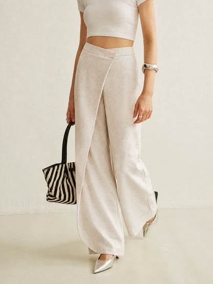Women's High-Waist Asymmetric Wrap Wide Leg Trousers - Sole & Material View | Lavisa