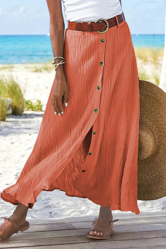 Lavisa - Women's High-Waist Button-Front Crinkle Linen-Look Maxi Skirt
