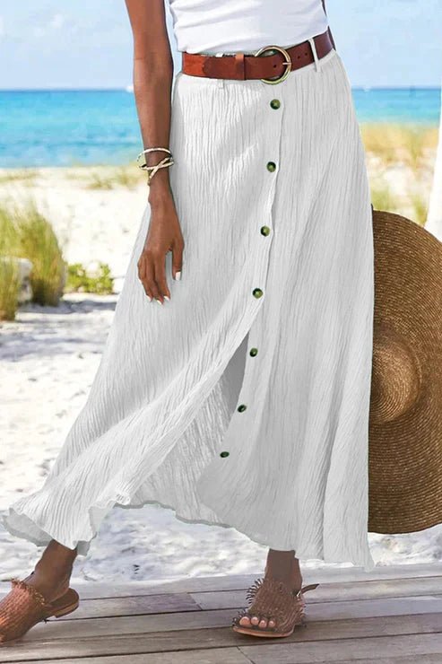 Women's High-Waist Button-Front Crinkle Linen-Look Maxi Skirt - Side Angle | Lavisa