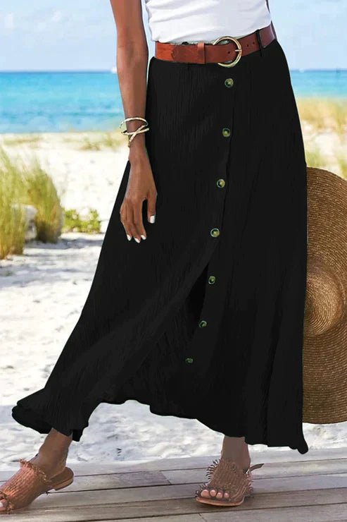 Women's High-Waist Button-Front Crinkle Linen-Look Maxi Skirt - Back View | Lavisa