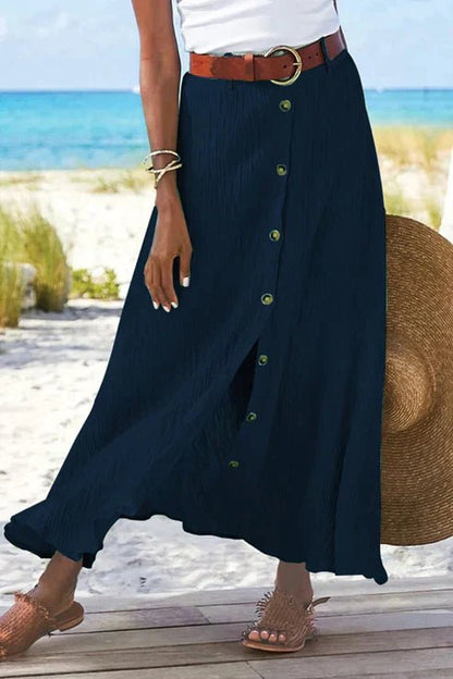 Women's High-Waist Button-Front Crinkle Linen-Look Maxi Skirt - Close-Up Texture & Detail | Lavisa