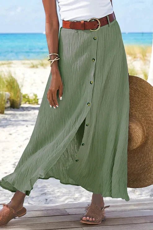 Women's High-Waist Button-Front Crinkle Linen-Look Maxi Skirt - Sole & Material View | Lavisa