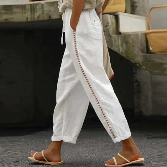 Lavisa - Women's High-Waist Tapered Linen-Look Button-Detail Trousers