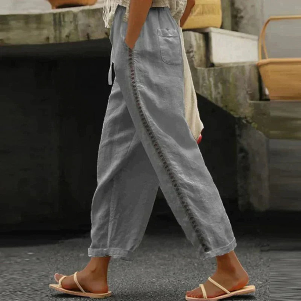 Women's High-Waist Tapered Linen-Look Button-Detail Trousers - Side Angle | Lavisa