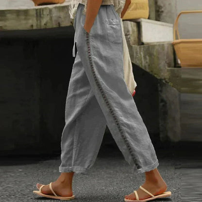 Women's High-Waist Tapered Linen-Look Button-Detail Trousers - Side Angle | Lavisa
